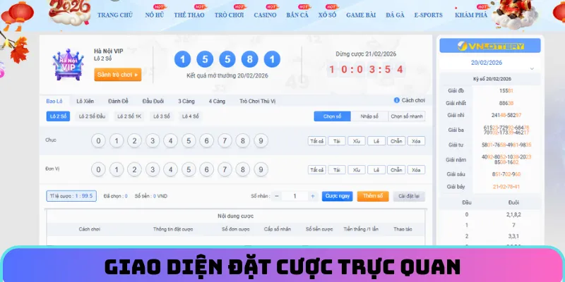 Giao diện đặt cược của sảnh xổ số VZ99 trực quan